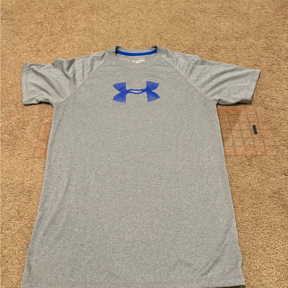 Under Armour Men's Heather Gray and Blue Logo Tee